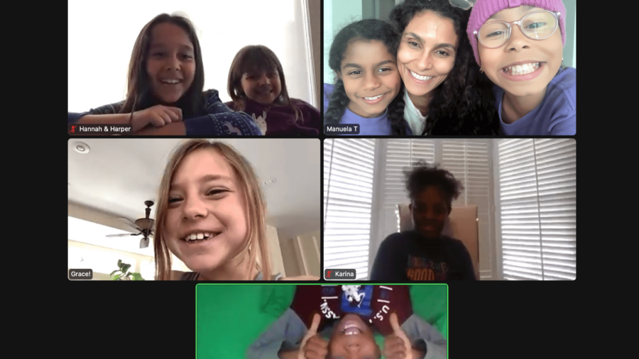 screenshot of a video call with a diverse set of young children from around the country