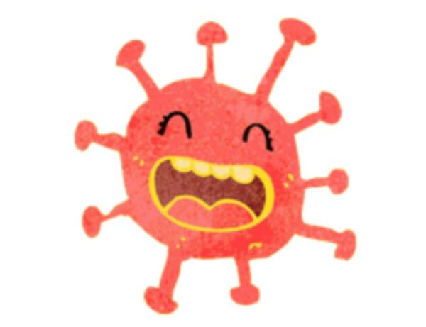 a cartoon drawing of an angry looking virus that is red
