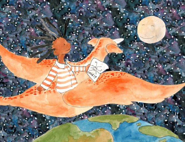 a drawing of a boy on the back of a bird in space flying to the moon holding a book